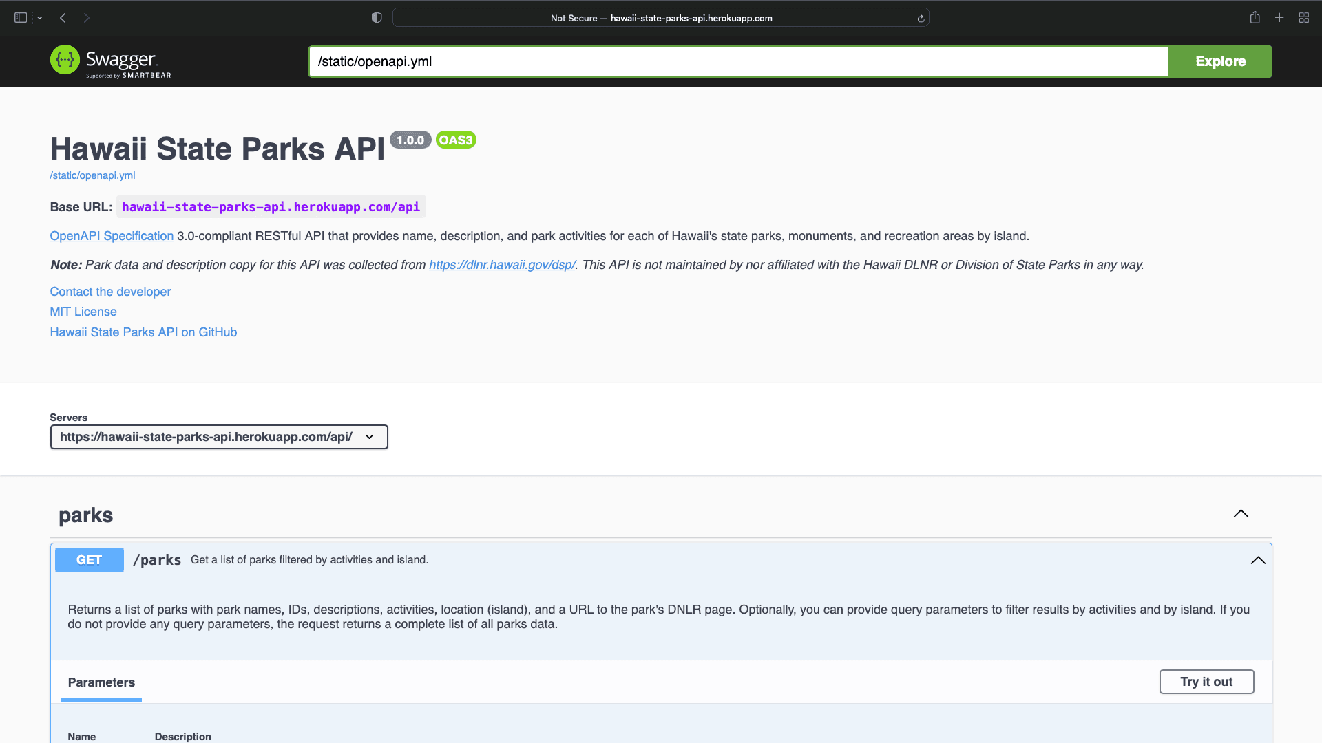 Hawaii State Parks API